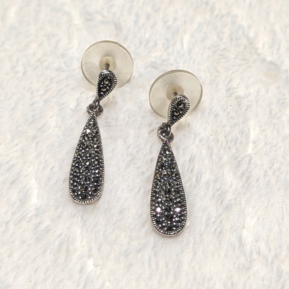 Vintage Sterling Silver and Marcasite Drop Pierced Earrings - Picture 1 of 9